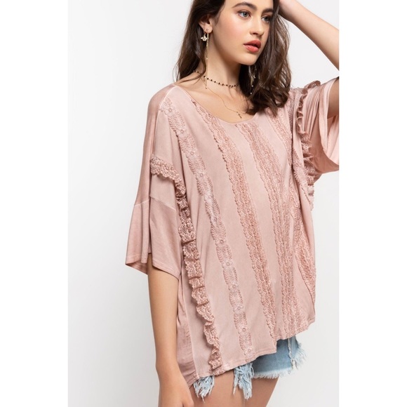 1 S POL Pink Boho Lace & Ruffle Short Sleeve Knit Top - Picture 2 of 8